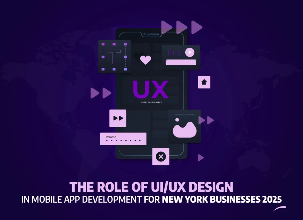 Abstract illustration showing UX (User Experience) design elements on a smartphone interface, representing the importance of UI/UX design in mobile app development for New York businesses in 2025.