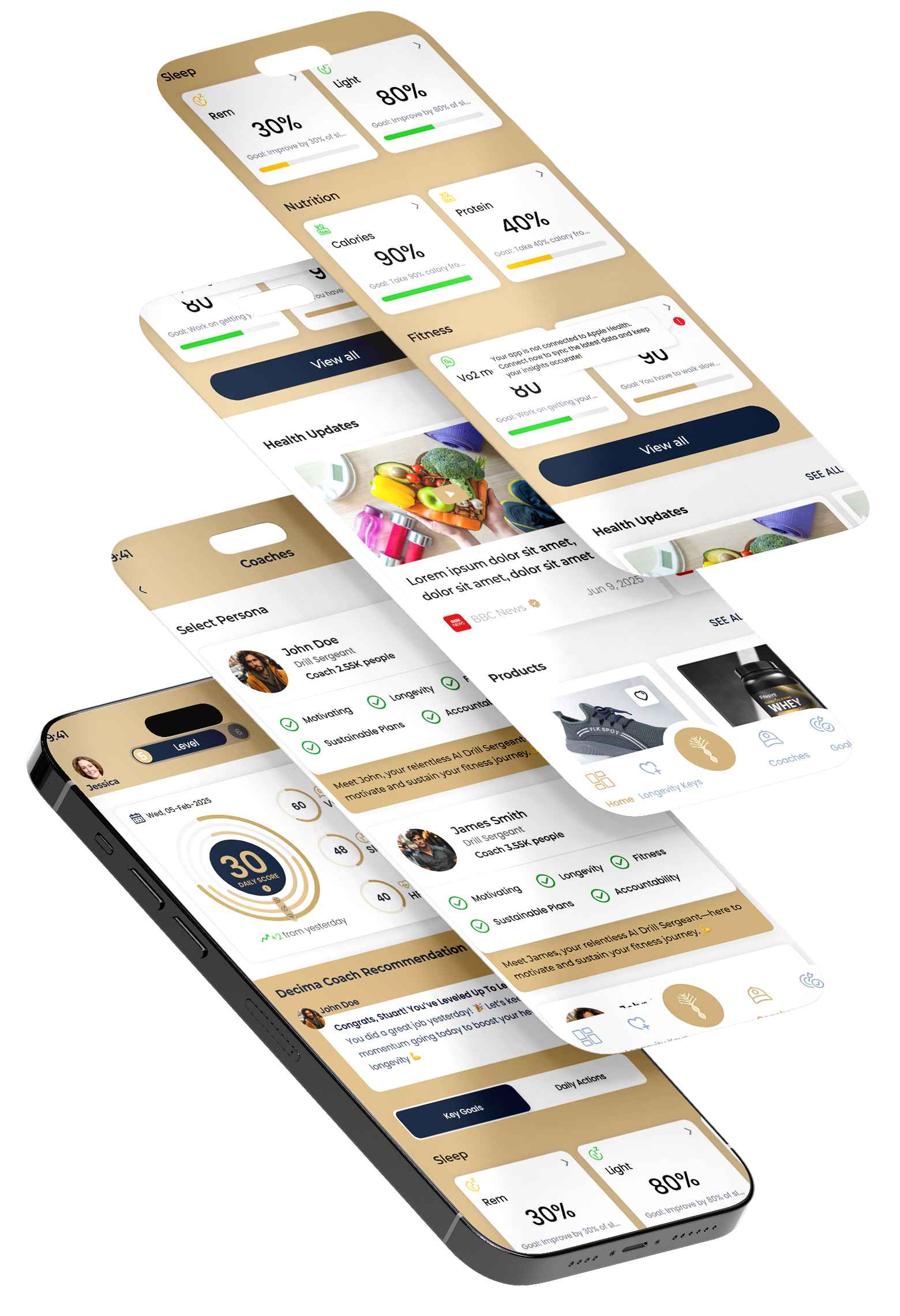 Layered UI screens of a health and wellness mobile app showing fitness, nutrition, sleep tracking, and coaching features on iPhone 15 Pro