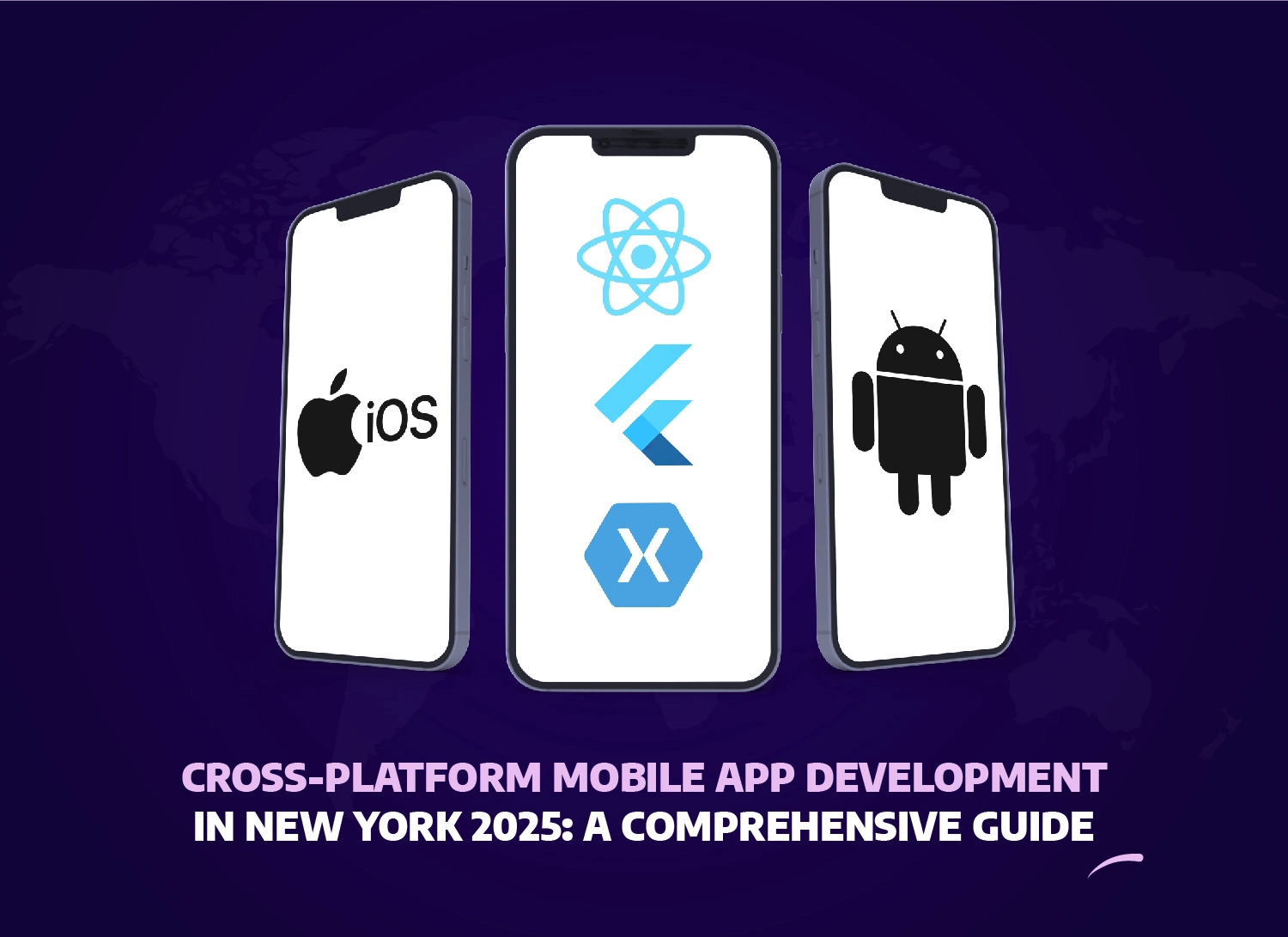 Cross-platform mobile app development in New York 2025 featuring iOS, Android, React Native, Flutter, and Xamarin logos on smartphone screens.