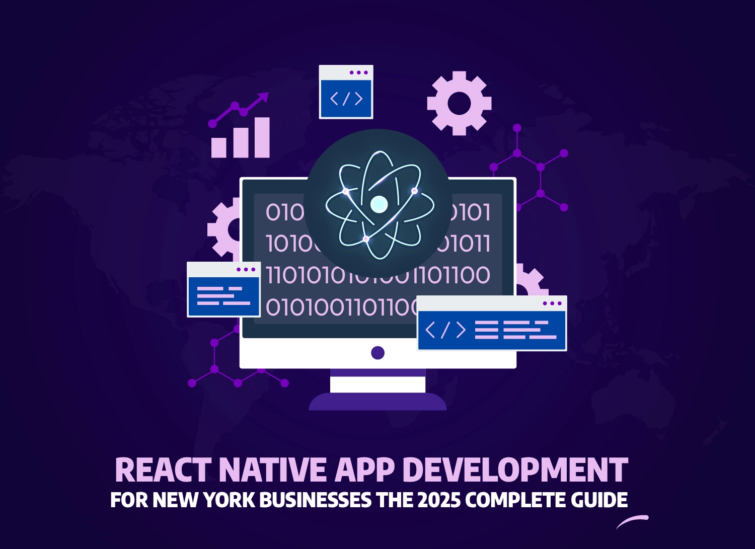 React Native app development for New York businesses 2025 — illustration showing cross-platform coding, development tools, and the React logo symbolizing efficient mobile app creation.